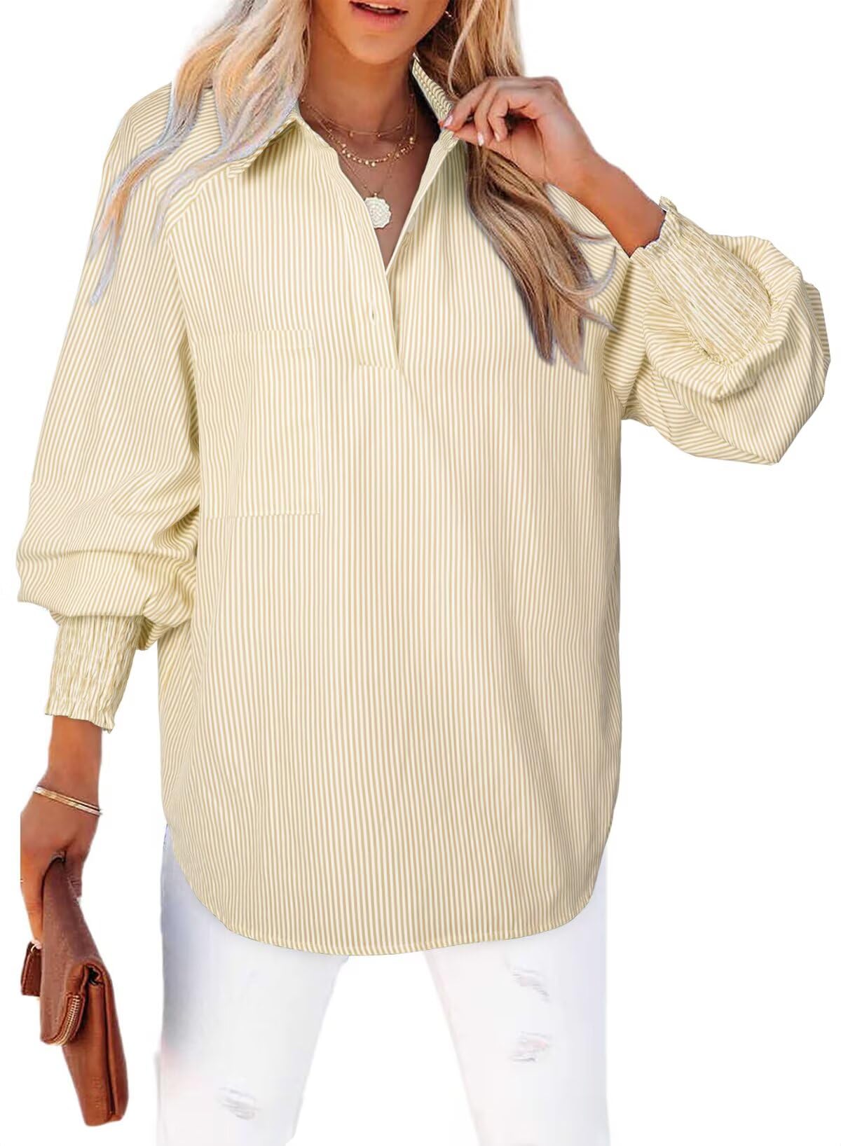 Camisa Elegante Con Cuello De Mujer, Manga Larga, Cuello En V, Botones - Venta Internacional.