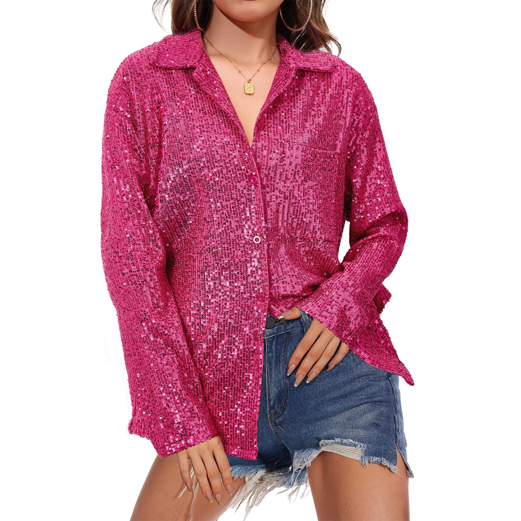 Foto 2 pulgar | Top De Lentejuelas Zando Sparkly Rhinestone Para Mujer, Color Rosa Intenso, Talla M - Venta Internacional.