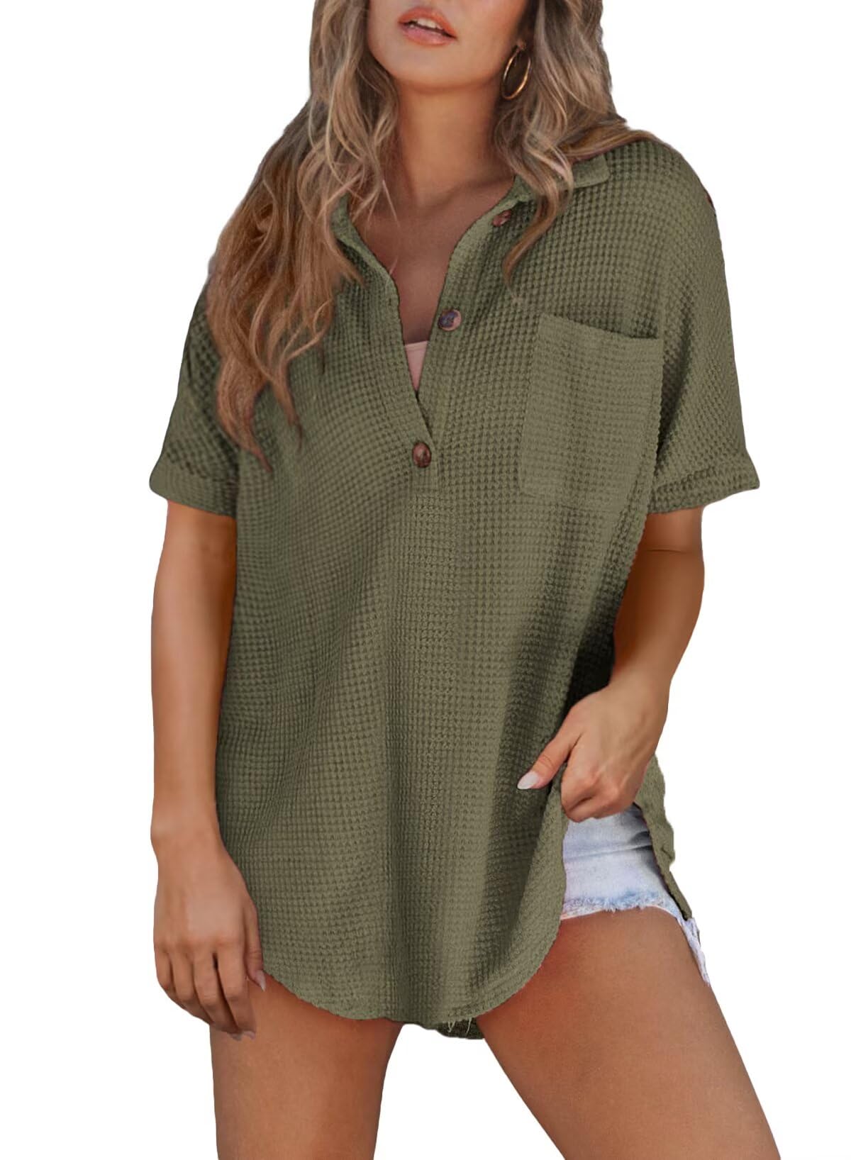 Foto 2 pulgar | Camisa Astylish De Punto Gofrado Para Mujer, Cuello En V, Manga Corta, Verde M - Venta Internacional.
