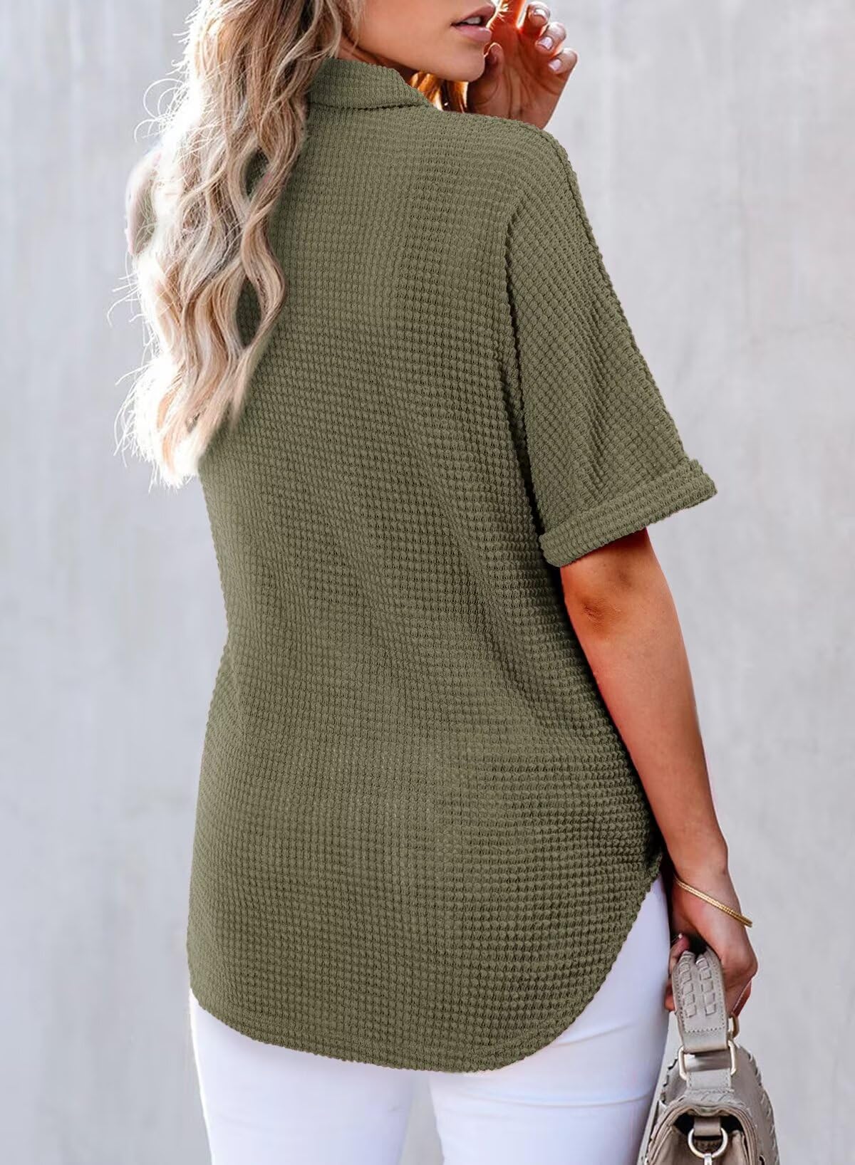 Foto 3 pulgar | Camisa Astylish De Punto Gofrado Para Mujer, Cuello En V, Manga Corta, Verde M - Venta Internacional.