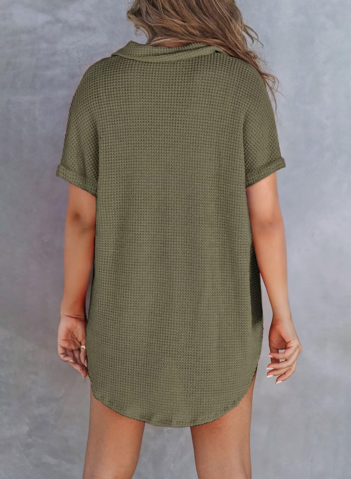 Foto 4 pulgar | Camisa Astylish De Punto Gofrado Para Mujer, Cuello En V, Manga Corta, Verde M - Venta Internacional.
