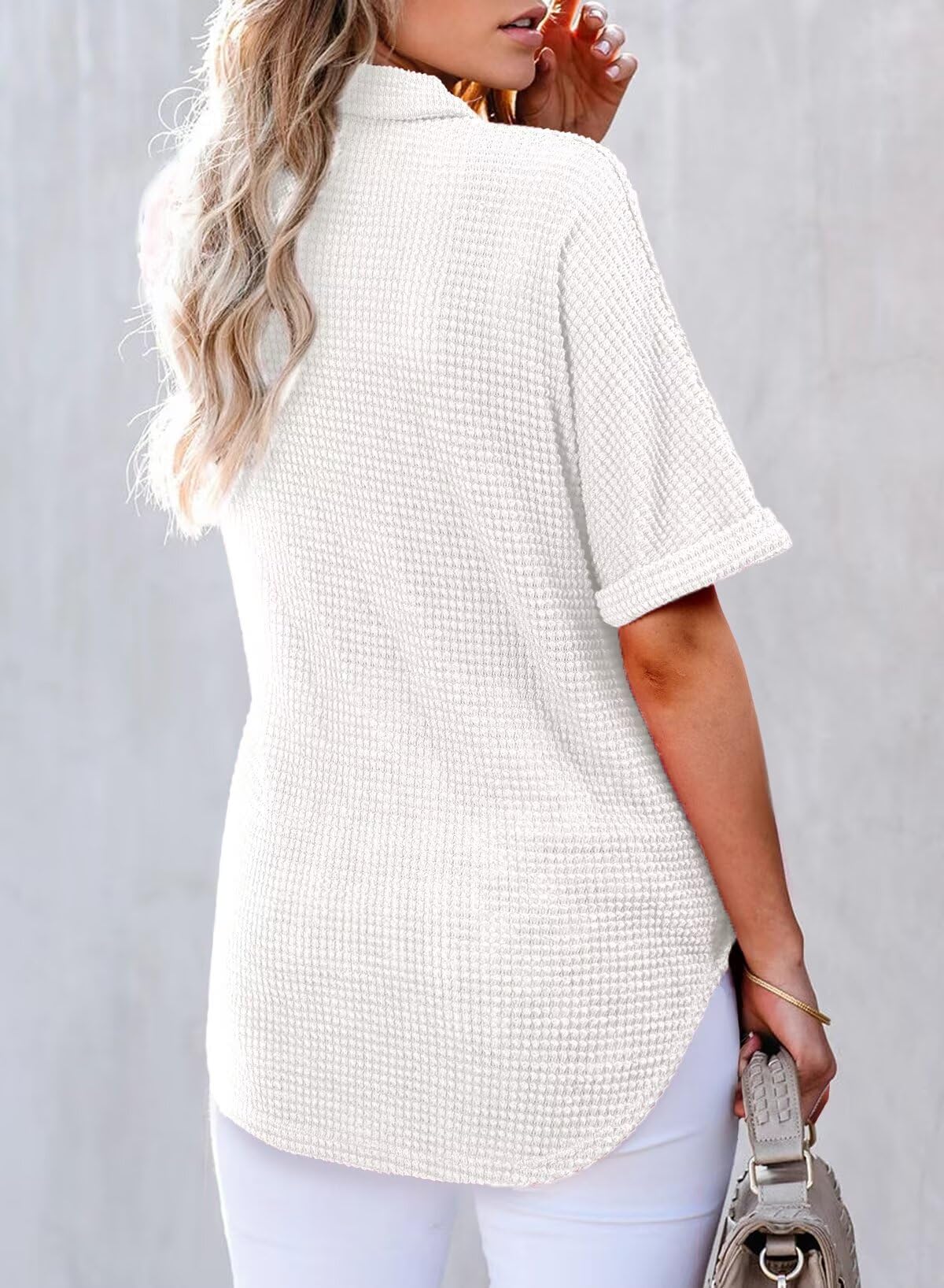 Foto 3 pulgar | Blusa Tipo Túnica Elegante De Punto Gofrado, Manga Corta, Cuello En V, Blanca - Venta Internacional.