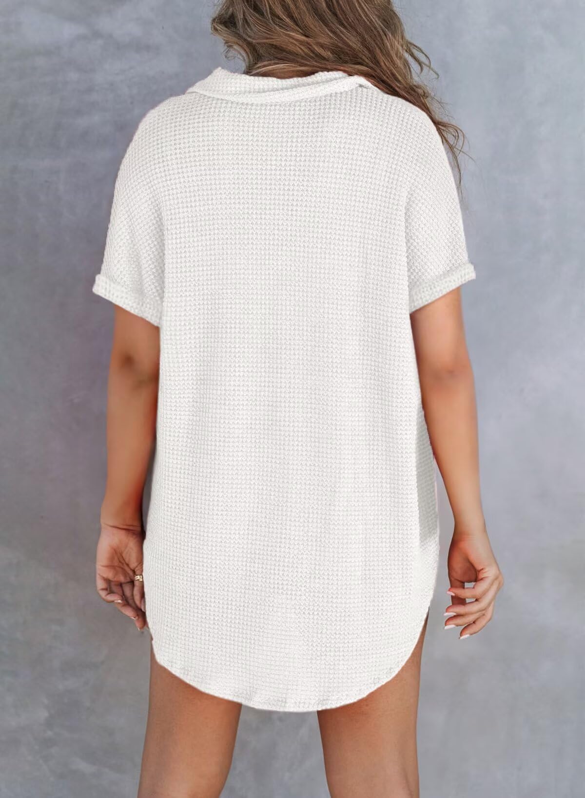 Foto 4 pulgar | Blusa Tipo Túnica Elegante De Punto Gofrado, Manga Corta, Cuello En V, Blanca - Venta Internacional.