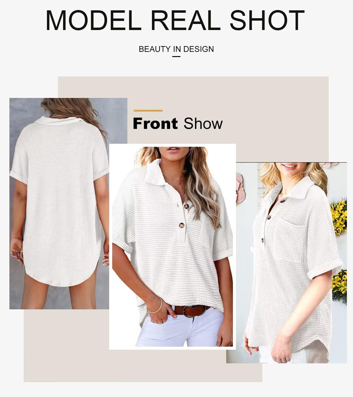 Foto 5 pulgar | Blusa Tipo Túnica Elegante De Punto Gofrado, Manga Corta, Cuello En V, Blanca - Venta Internacional.