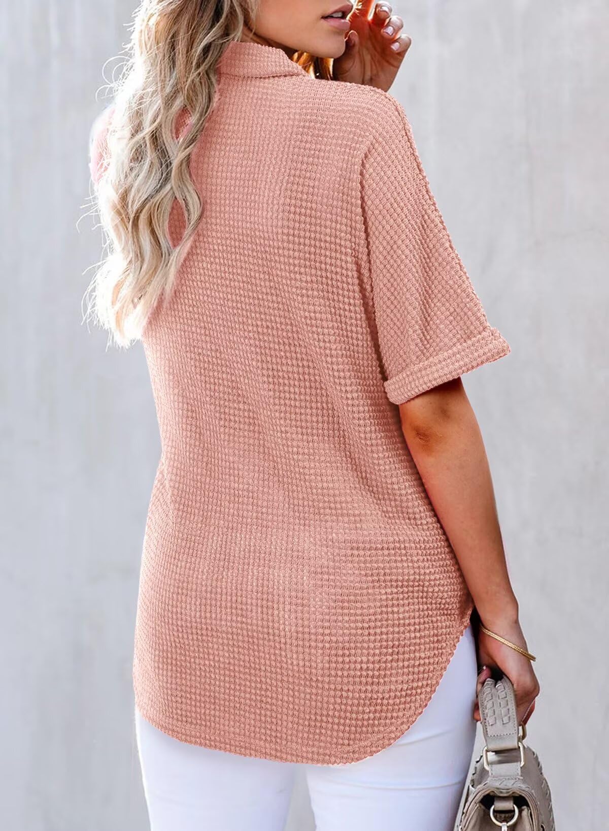 Foto 3 pulgar | Camisa Elegante De Punto Gofrado Para Mujer, Cuello En V, Manga Corta, Rosa Empolvado - Venta Internacional.