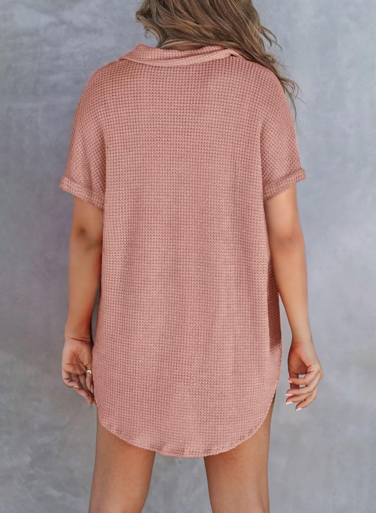 Foto 4 pulgar | Camisa Elegante De Punto Gofrado Para Mujer, Cuello En V, Manga Corta, Rosa Empolvado - Venta Internacional.
