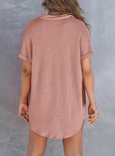 Foto 3 | Camisa Elegante De Punto Gofrado Para Mujer, Cuello En V, Manga Corta, Rosa Empolvado - Venta Internacional.