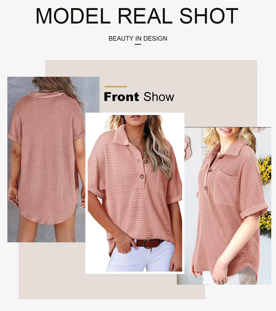 Foto 5 pulgar | Camisa Elegante De Punto Gofrado Para Mujer, Cuello En V, Manga Corta, Rosa Empolvado - Venta Internacional.