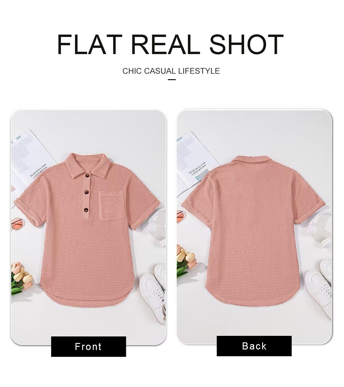 Foto 6 pulgar | Camisa Elegante De Punto Gofrado Para Mujer, Cuello En V, Manga Corta, Rosa Empolvado - Venta Internacional.