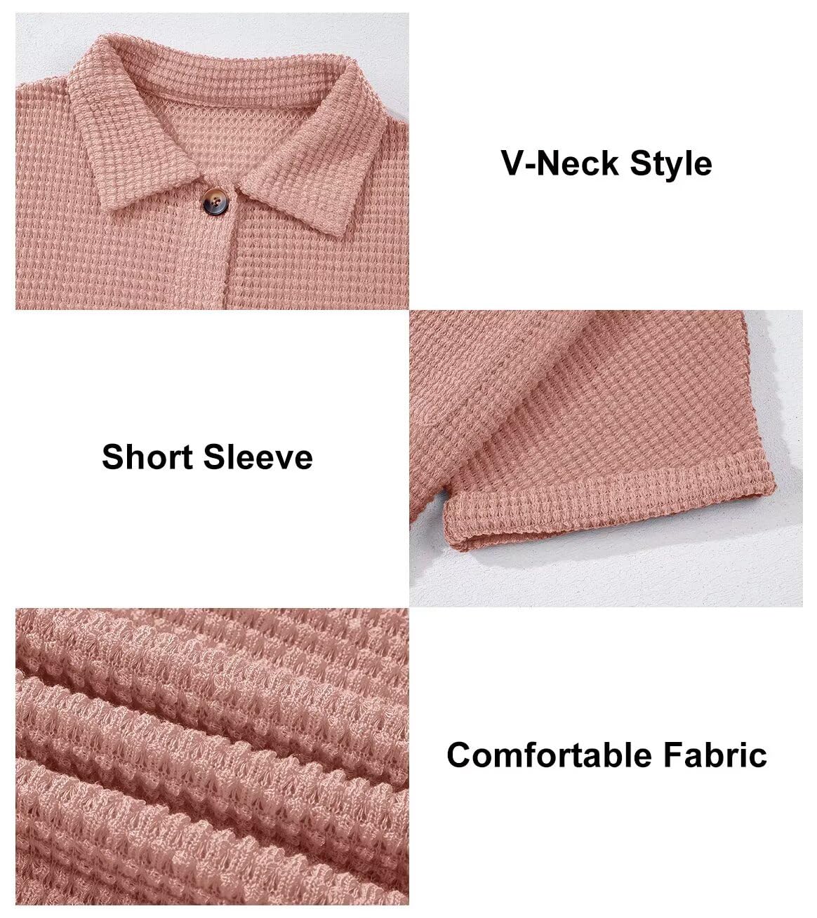 Foto 7 pulgar | Camisa Elegante De Punto Gofrado Para Mujer, Cuello En V, Manga Corta, Rosa Empolvado - Venta Internacional.