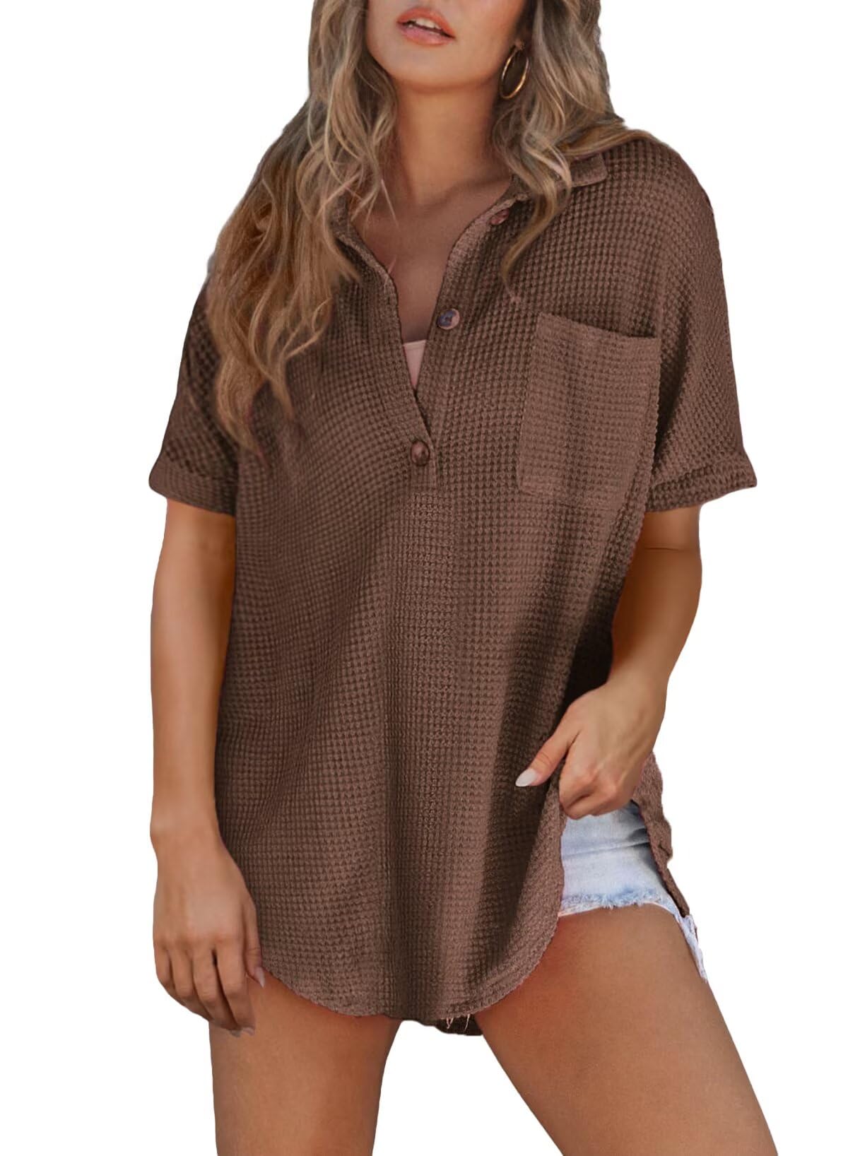 Camisa Astylish Henley Para Mujer, Manga Corta, Cuello En V, Color Café - Venta Internacional.