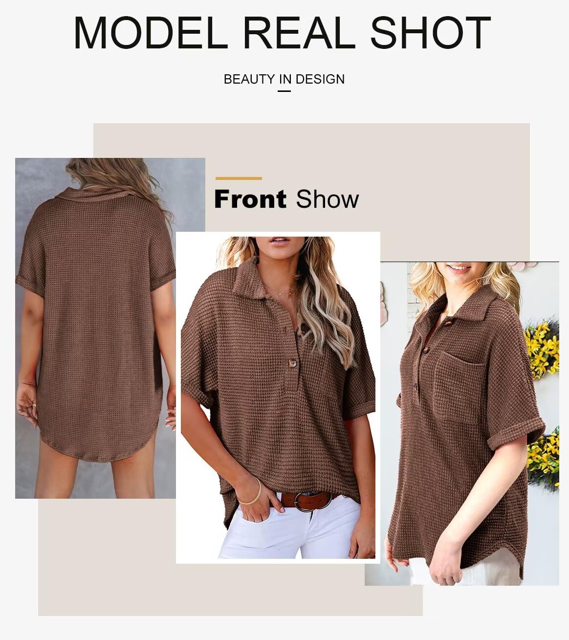 Foto 5 pulgar | Camisa Astylish Henley Para Mujer, Manga Corta, Cuello En V, Color Café - Venta Internacional.