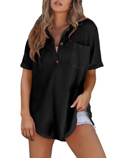 Foto 1 | Top Elegante Para Mujer, Cuello En V, Tejido Gofrado Con Botones Henley Black - Venta Internacional.