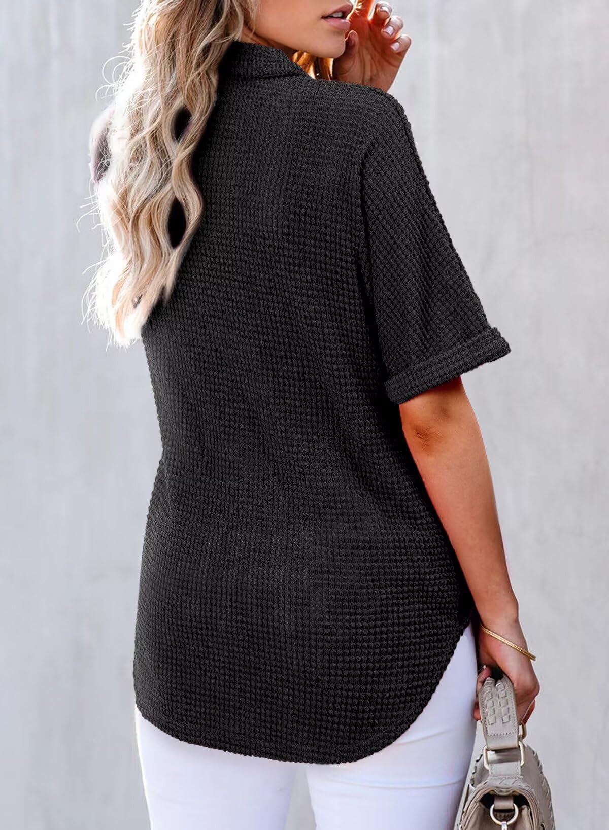 Foto 3 pulgar | Top Elegante Para Mujer, Cuello En V, Tejido Gofrado Con Botones Henley Black - Venta Internacional.