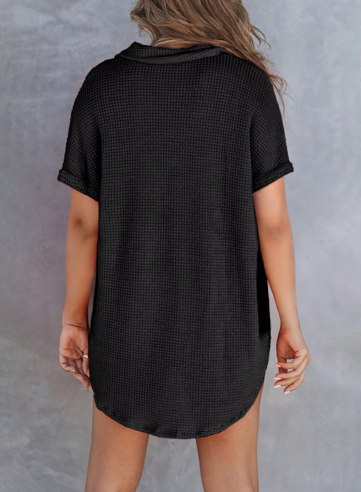 Foto 4 pulgar | Top Elegante Para Mujer, Cuello En V, Tejido Gofrado Con Botones Henley Black - Venta Internacional.