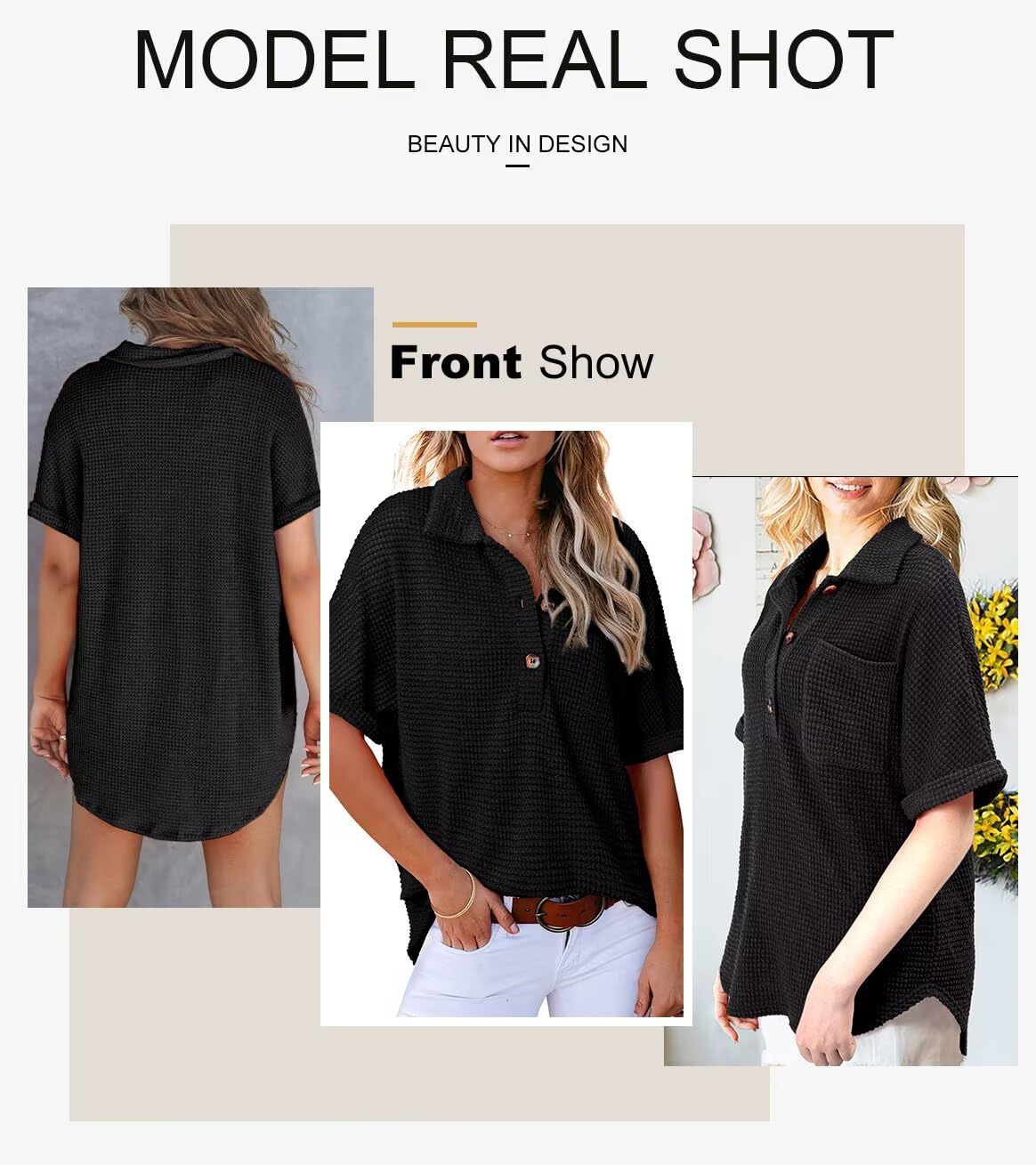 Foto 5 pulgar | Top Elegante Para Mujer, Cuello En V, Tejido Gofrado Con Botones Henley Black - Venta Internacional.