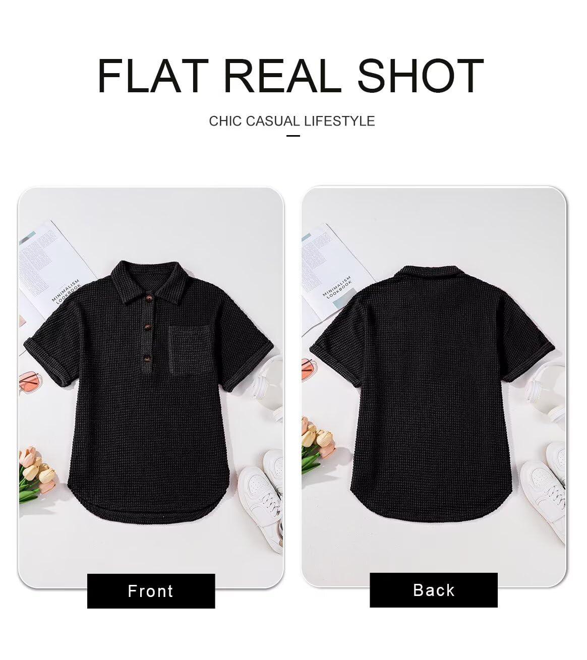 Foto 6 pulgar | Top Elegante Para Mujer, Cuello En V, Tejido Gofrado Con Botones Henley Black - Venta Internacional.