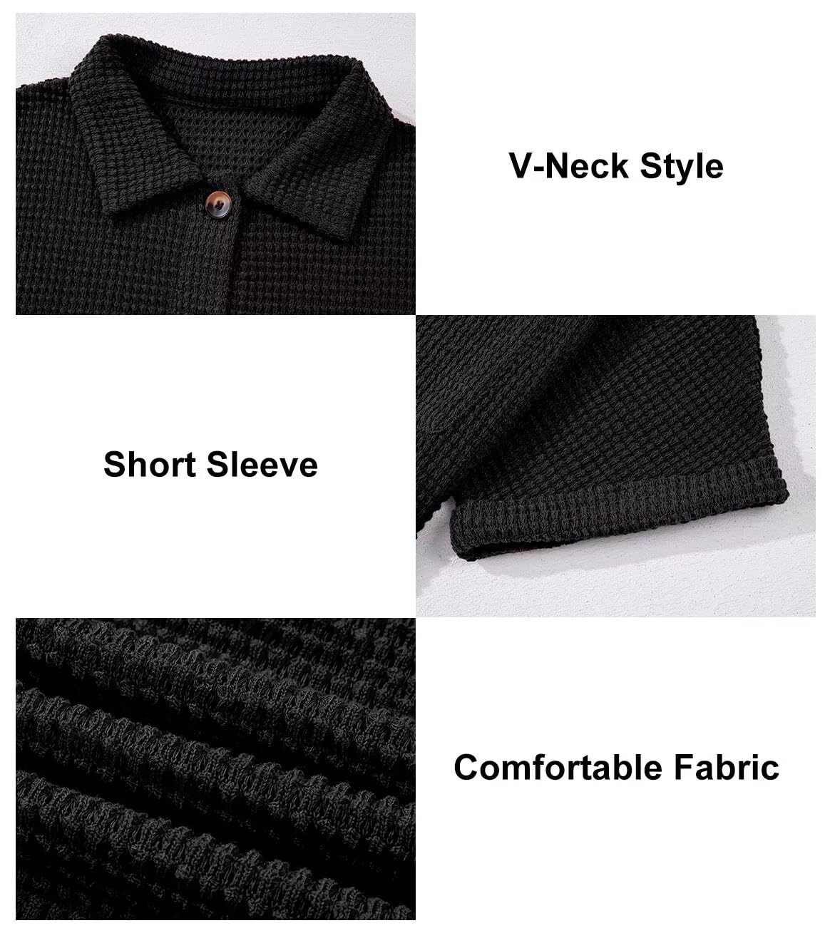 Foto 7 pulgar | Top Elegante Para Mujer, Cuello En V, Tejido Gofrado Con Botones Henley Black - Venta Internacional.