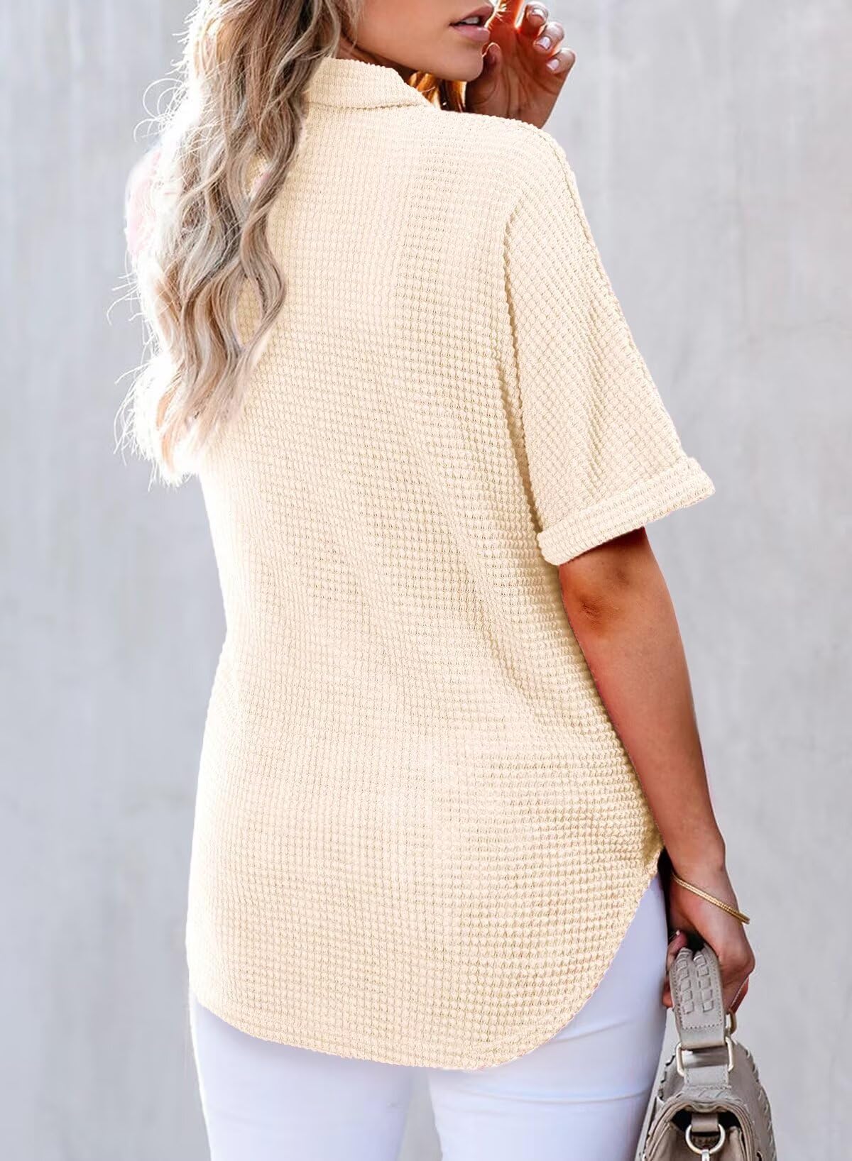 Foto 3 pulgar | Top Elegante Para Mujer, Cuello En V, Tejido Gofrado Con Botones Henley, Beige Claro - Venta Internacional.