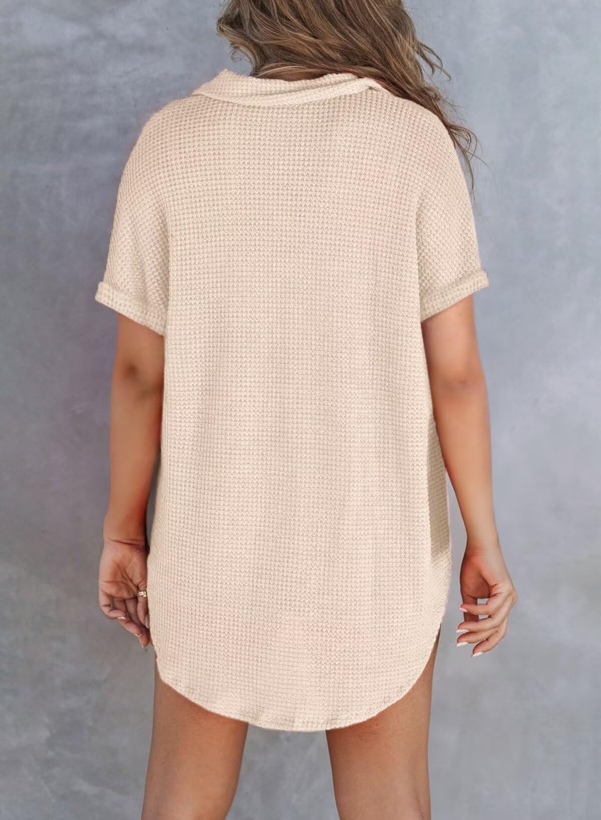 Foto 4 pulgar | Top Elegante Para Mujer, Cuello En V, Tejido Gofrado Con Botones Henley, Beige Claro - Venta Internacional.