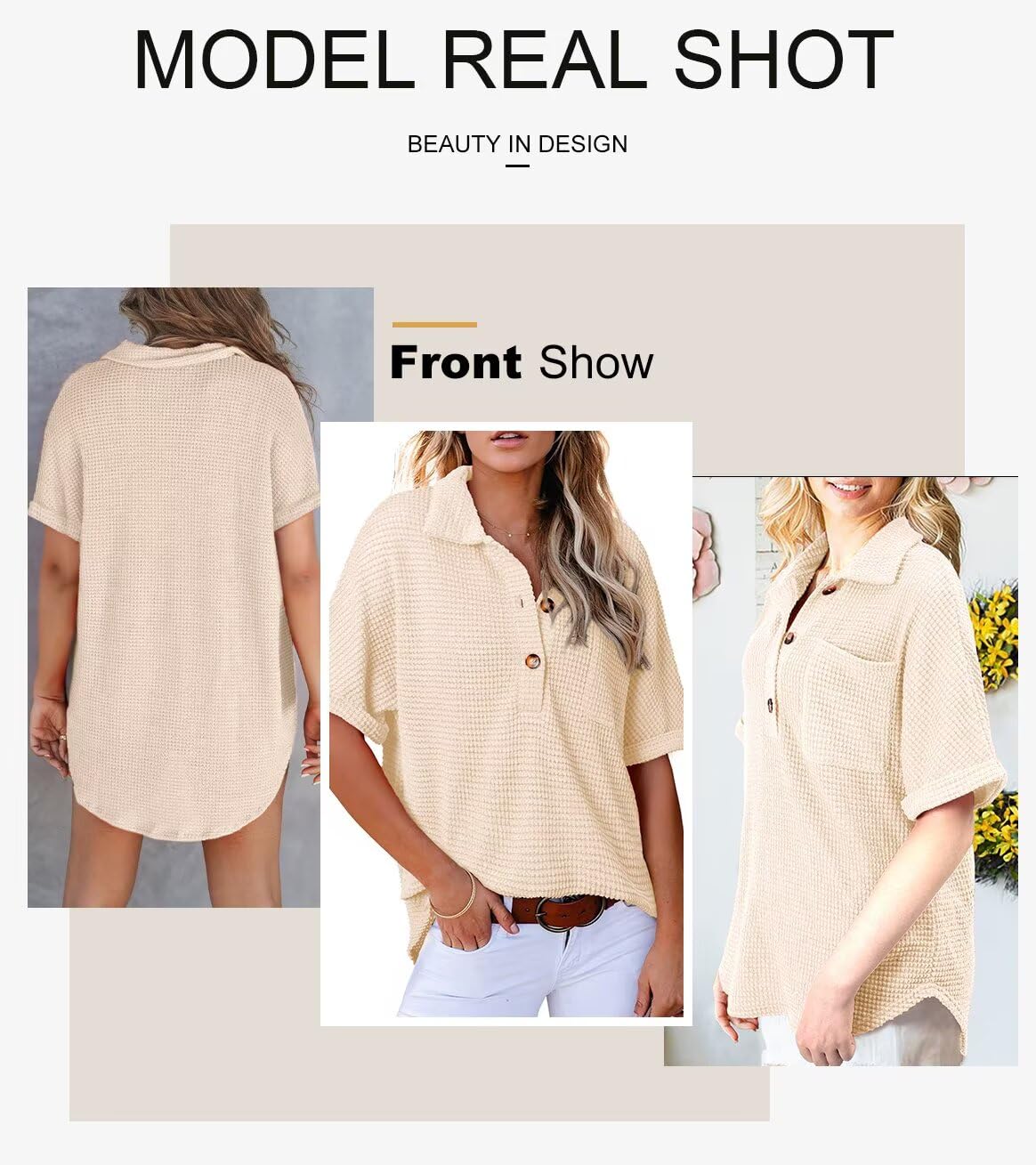 Foto 5 pulgar | Top Elegante Para Mujer, Cuello En V, Tejido Gofrado Con Botones Henley, Beige Claro - Venta Internacional.