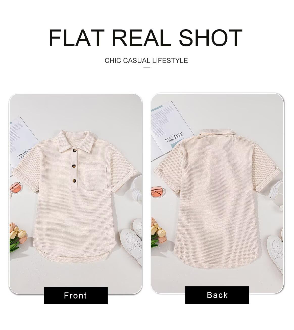 Foto 6 pulgar | Top Elegante Para Mujer, Cuello En V, Tejido Gofrado Con Botones Henley, Beige Claro - Venta Internacional.