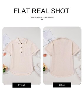 Foto 5 | Top Elegante Para Mujer, Cuello En V, Tejido Gofrado Con Botones Henley, Beige Claro - Venta Internacional.