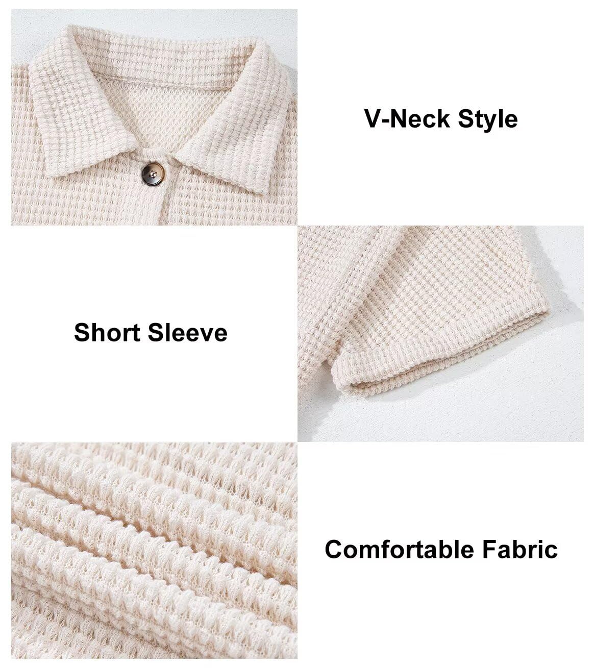 Foto 7 pulgar | Top Elegante Para Mujer, Cuello En V, Tejido Gofrado Con Botones Henley, Beige Claro - Venta Internacional.