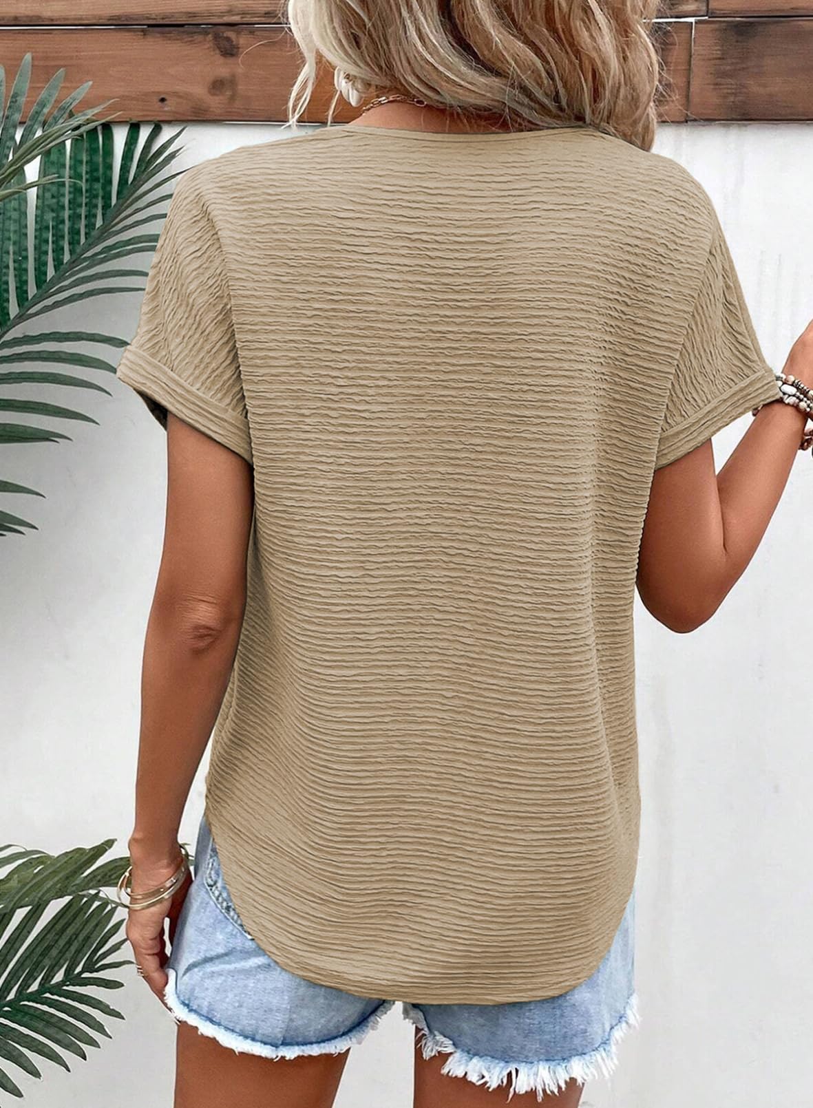 Foto 5 pulgar | Blusa Tipo Túnica Evaless Para Mujer 2025 Con Cuello En V Y Manga Corta, Color Caqui - Venta Internacional.