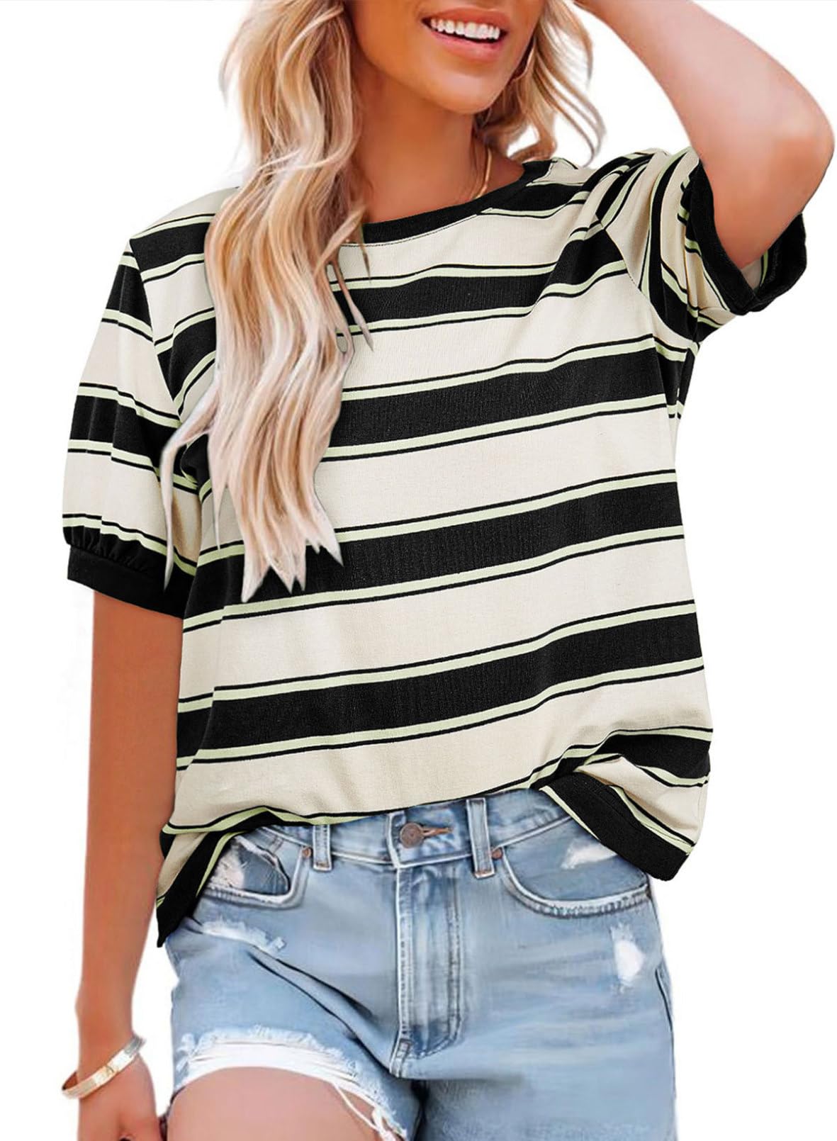 Foto 2 pulgar | Tops De Verano Dokotoo De Manga Corta Con Bloques De Color A Rayas Para Mujer - Venta Internacional.