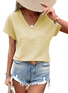 Foto 1 | Top Evaless Para Mujer, Cuello En V, Manga Corta, Color Albaricoque Texturizado - Venta Internacional.