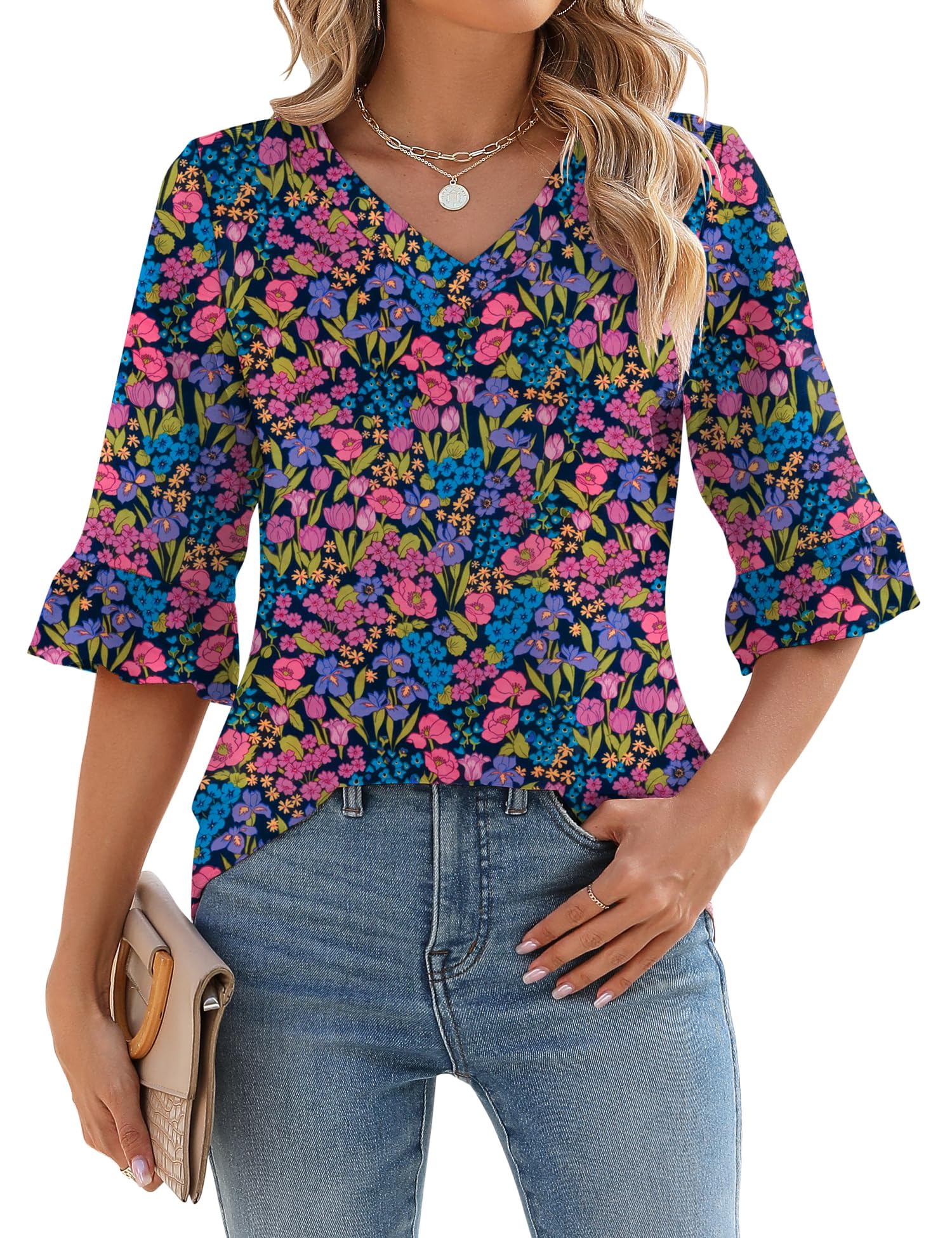 Foto 2 pulgar | Top Tipo Túnica Lomon Para Mujer, Verano, Manga 3/4, Cuello En V, Estampado Floral - Venta Internacional.