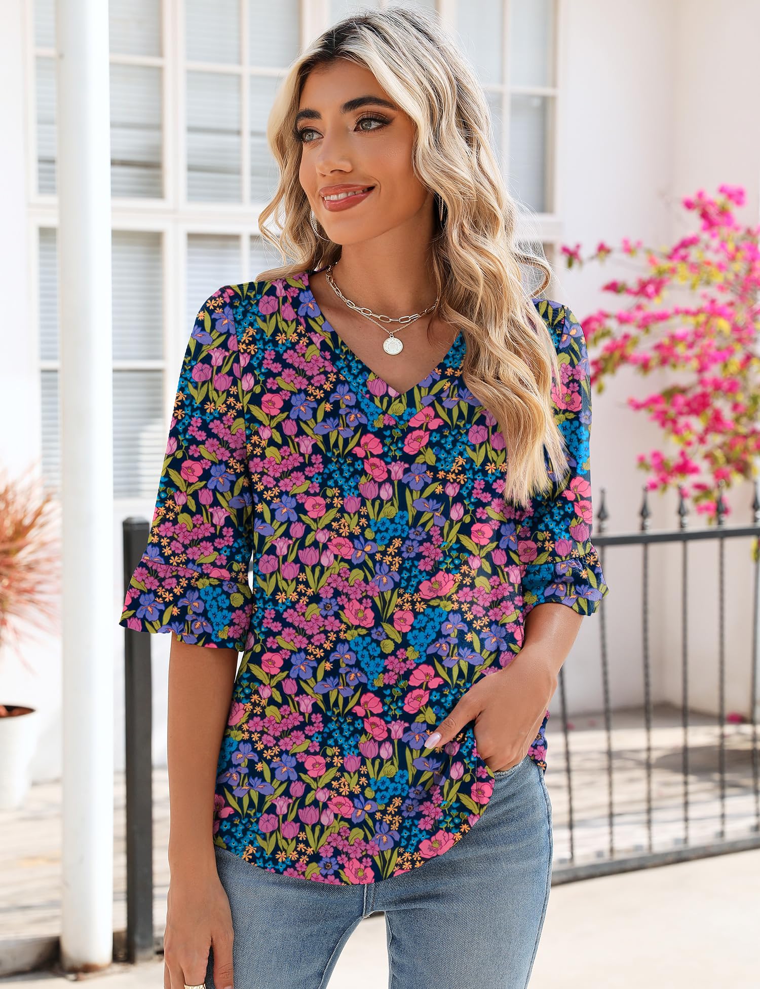Foto 2 | Top Tipo Túnica Lomon Para Mujer, Verano, Manga 3/4, Cuello En V, Estampado Floral - Venta Internacional.