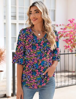 Foto 2 | Top Tipo Túnica Lomon Para Mujer, Verano, Manga 3/4, Cuello En V, Estampado Floral - Venta Internacional.