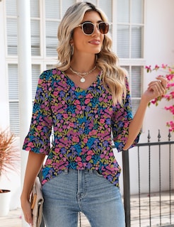 Foto 3 | Top Tipo Túnica Lomon Para Mujer, Verano, Manga 3/4, Cuello En V, Estampado Floral - Venta Internacional.