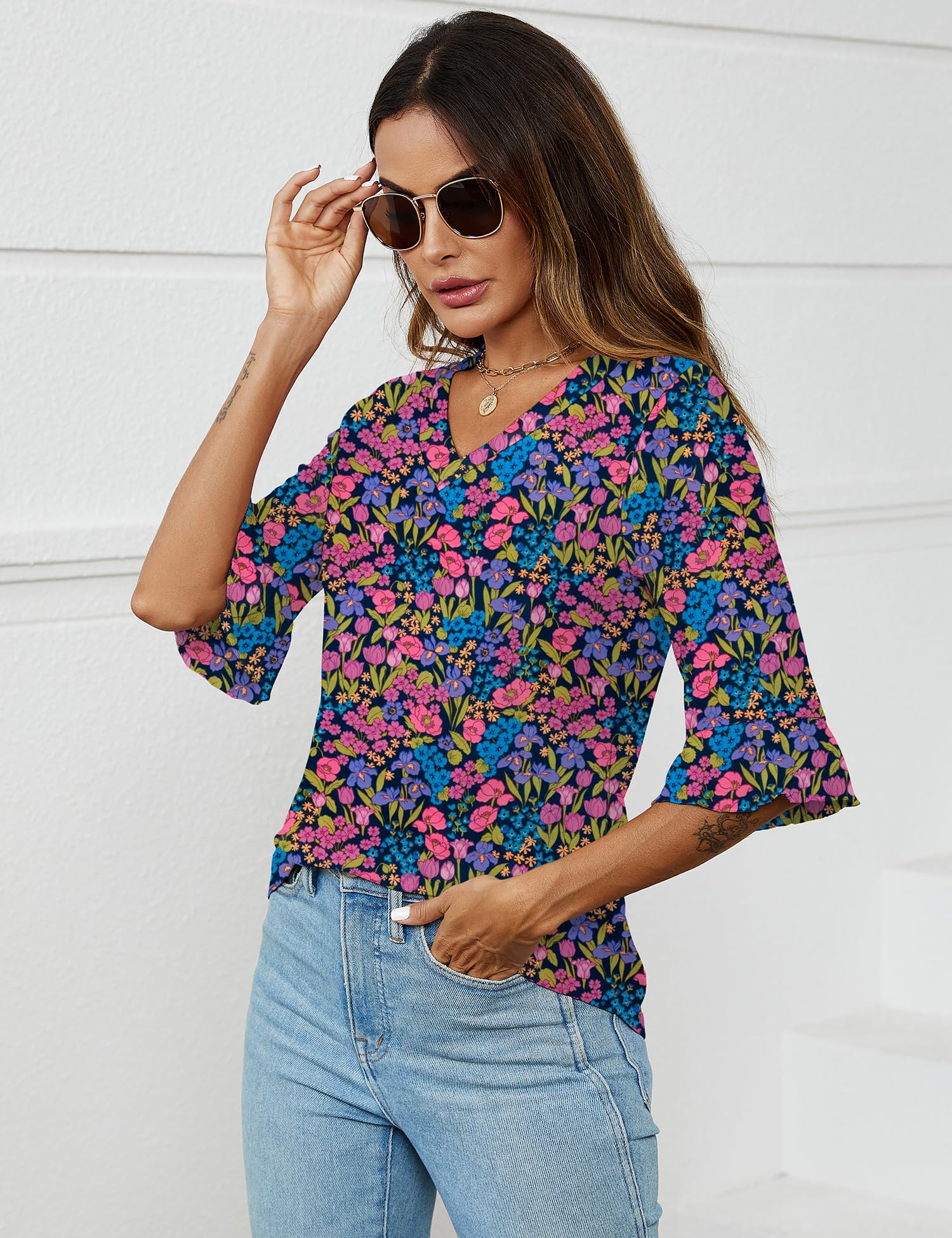Foto 5 pulgar | Top Tipo Túnica Lomon Para Mujer, Verano, Manga 3/4, Cuello En V, Estampado Floral - Venta Internacional.