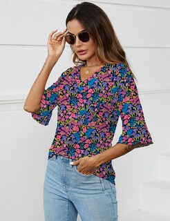 Foto 4 | Top Tipo Túnica Lomon Para Mujer, Verano, Manga 3/4, Cuello En V, Estampado Floral - Venta Internacional.