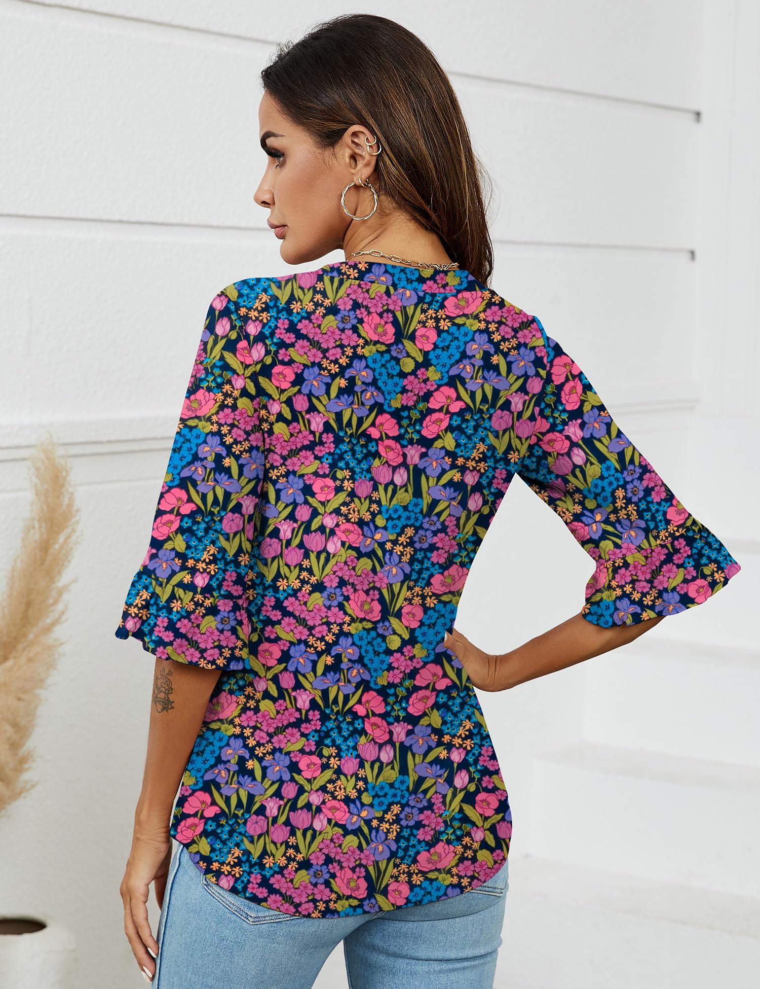 Foto 5 | Top Tipo Túnica Lomon Para Mujer, Verano, Manga 3/4, Cuello En V, Estampado Floral - Venta Internacional.