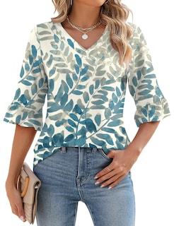 Foto 1 | Blusa Lomon Para Mujer, Manga 3/4, Ojales, Manga Acampanada, Blanco Y Azul - Venta Internacional.