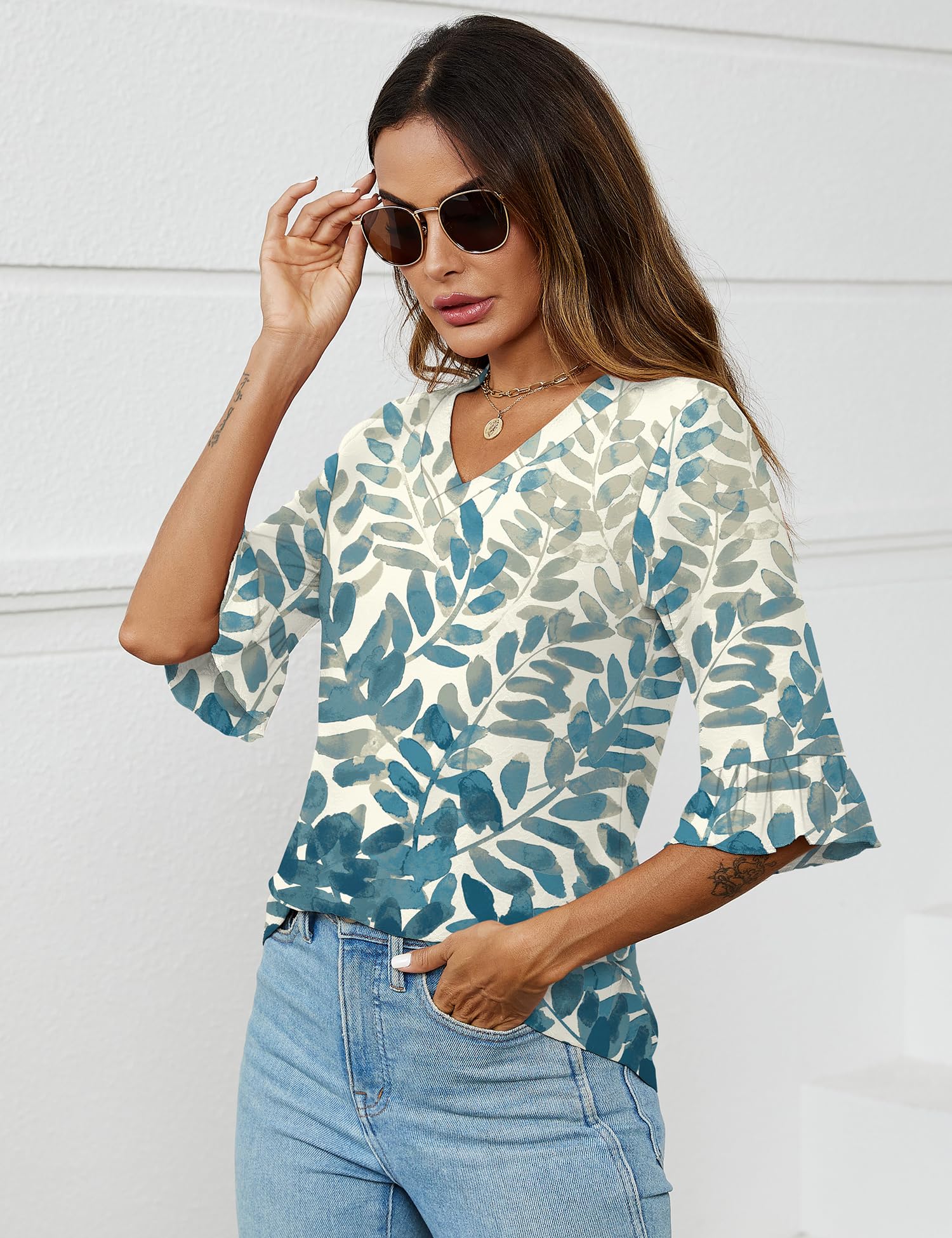 Foto 5 pulgar | Blusa Lomon Para Mujer, Manga 3/4, Ojales, Manga Acampanada, Blanco Y Azul - Venta Internacional.