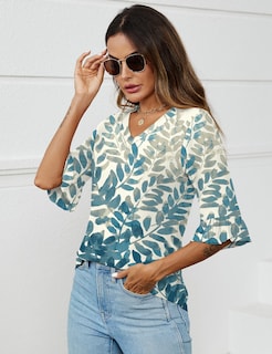 Foto 4 | Blusa Lomon Para Mujer, Manga 3/4, Ojales, Manga Acampanada, Blanco Y Azul - Venta Internacional.