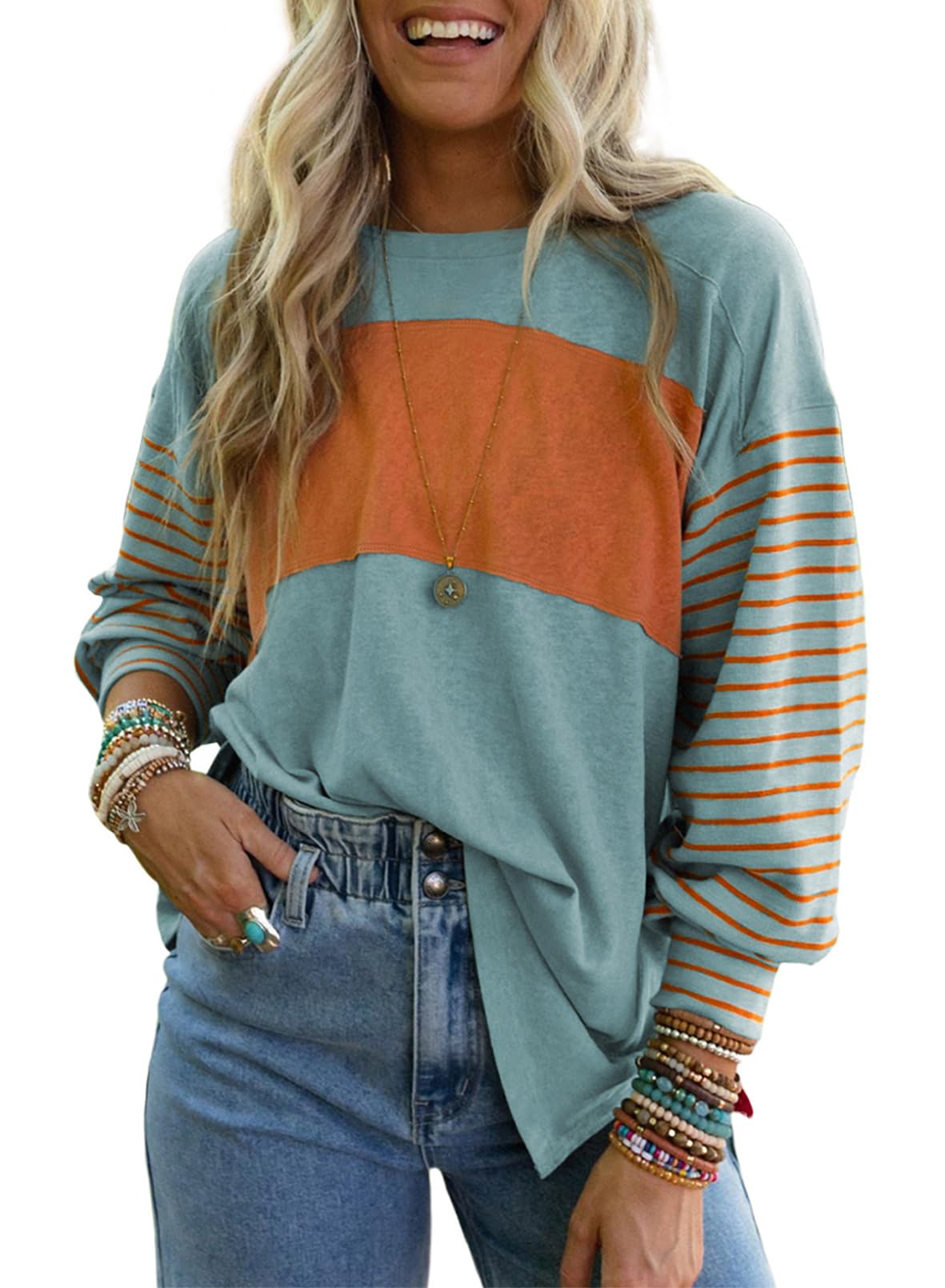 Foto 1 | Sudadera Dokotoo Para Mujer De Manga Larga Con Rayas Rojas Y Azules - Venta Internacional.