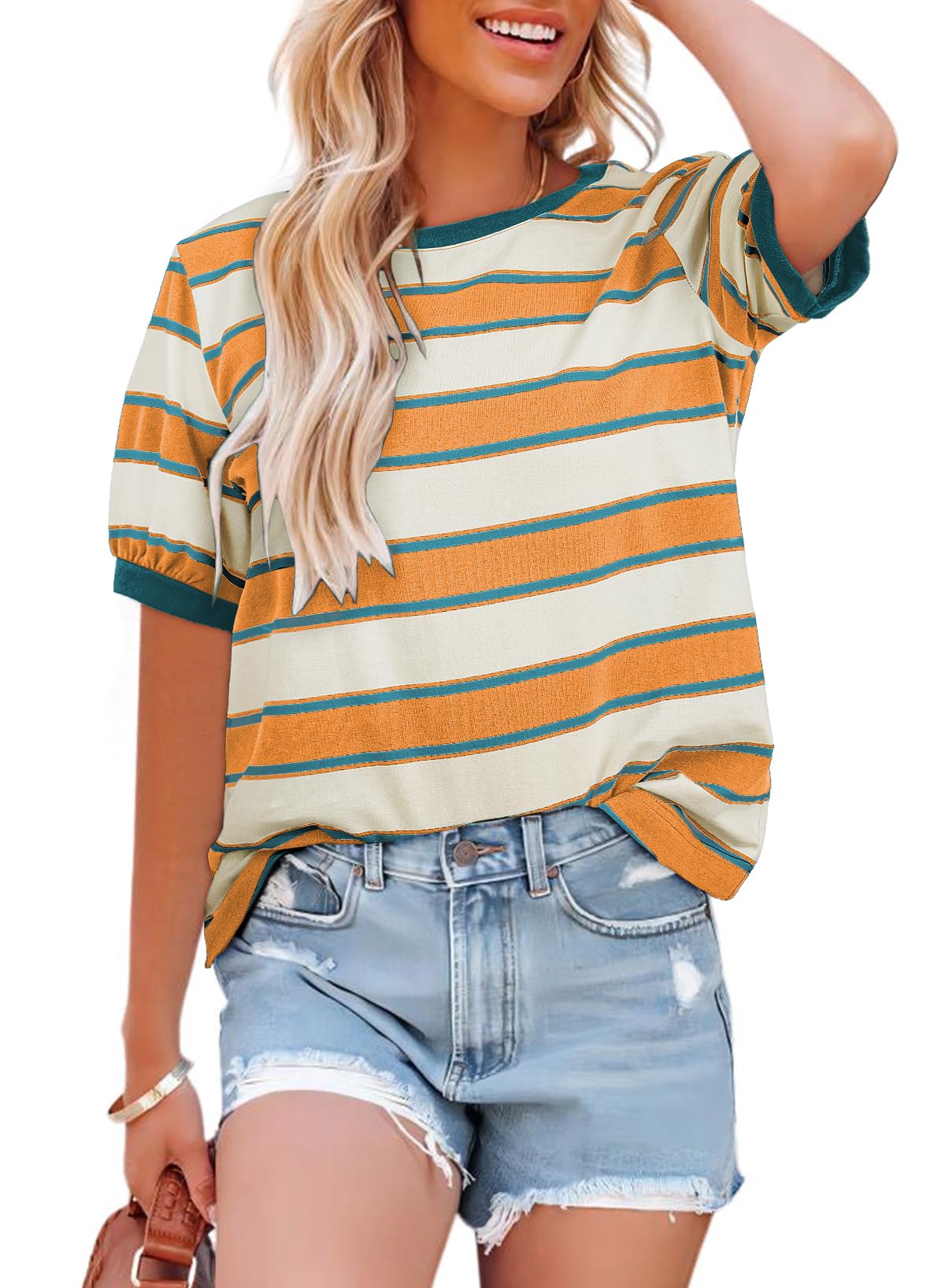 Camiseta Dokotoo De Algodón Naranja A Rayas Para Mujer - Venta Internacional.