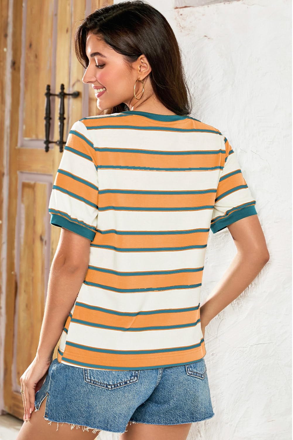 Foto 7 pulgar | Camiseta Dokotoo De Algodón Naranja A Rayas Para Mujer - Venta Internacional.