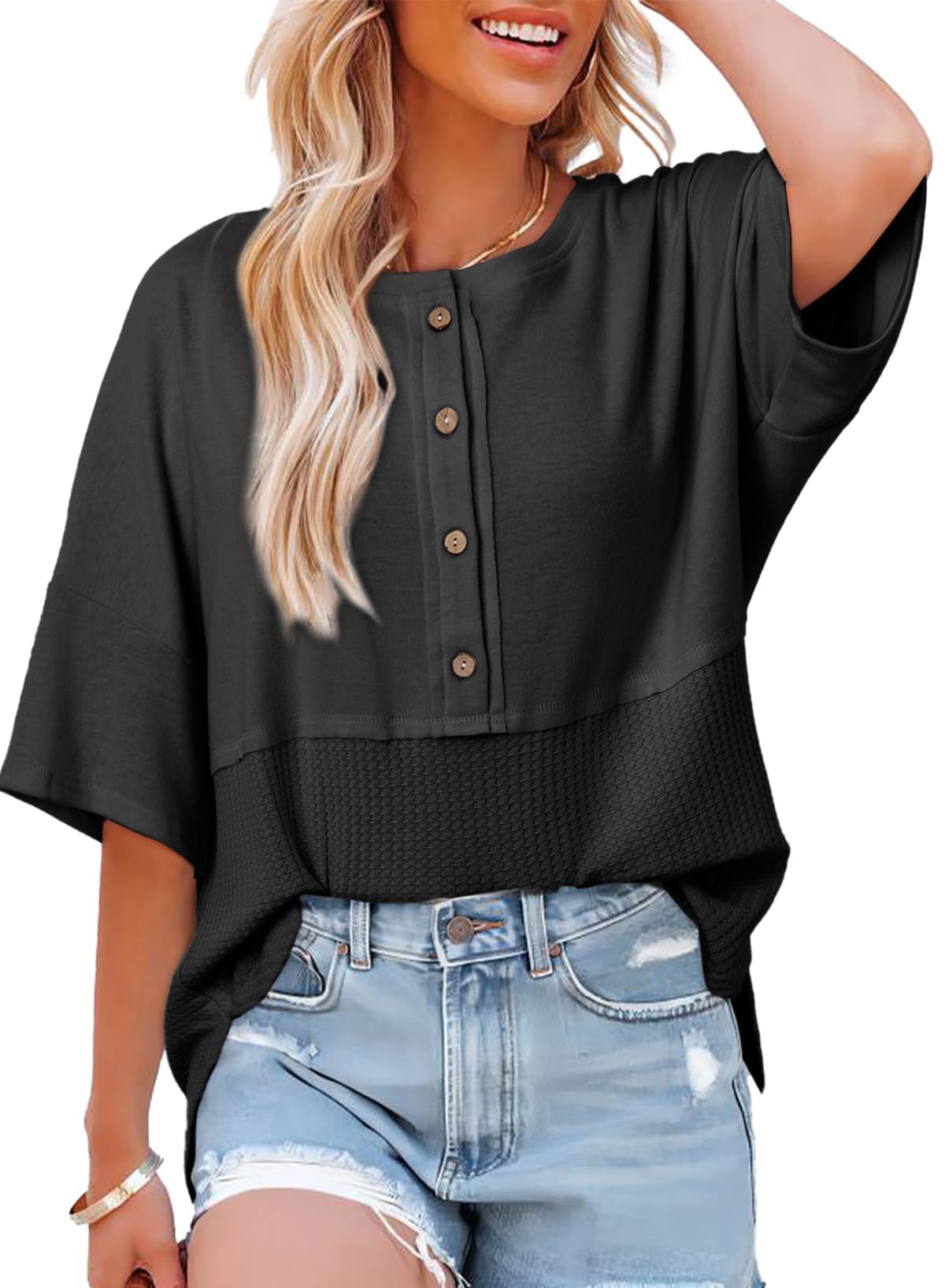 Foto 2 pulgar | Blusa Dokotoo De Verano Con Cuello Redondo, Punto Gofrado, Manga 3/4, Para Mujer - Venta Internacional.