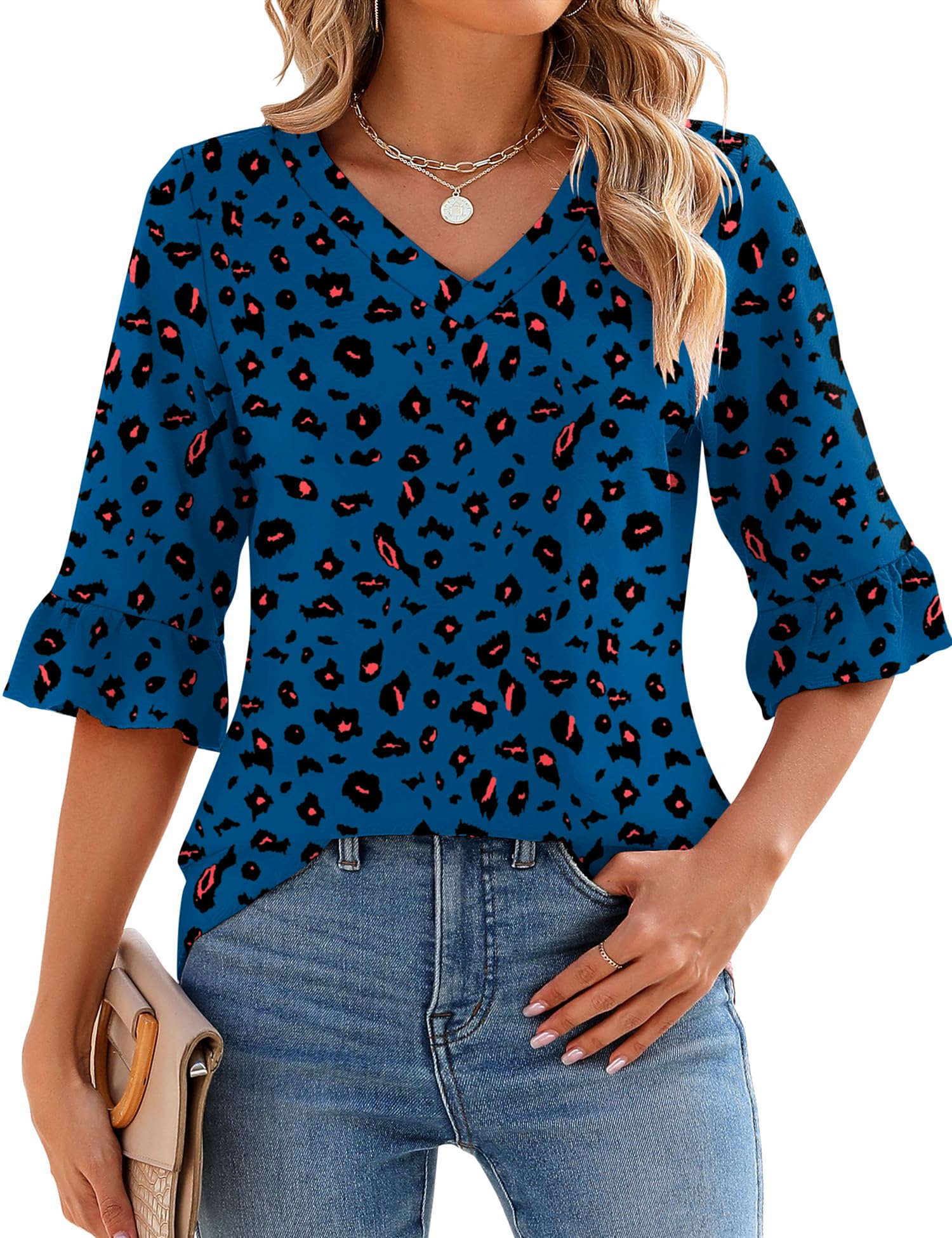 Foto 2 pulgar | Blusa Tipo Túnica Lomon Con Cuello En V Y Manga 3/4 Para Mujer, Diseño De Leopardo - Venta Internacional.