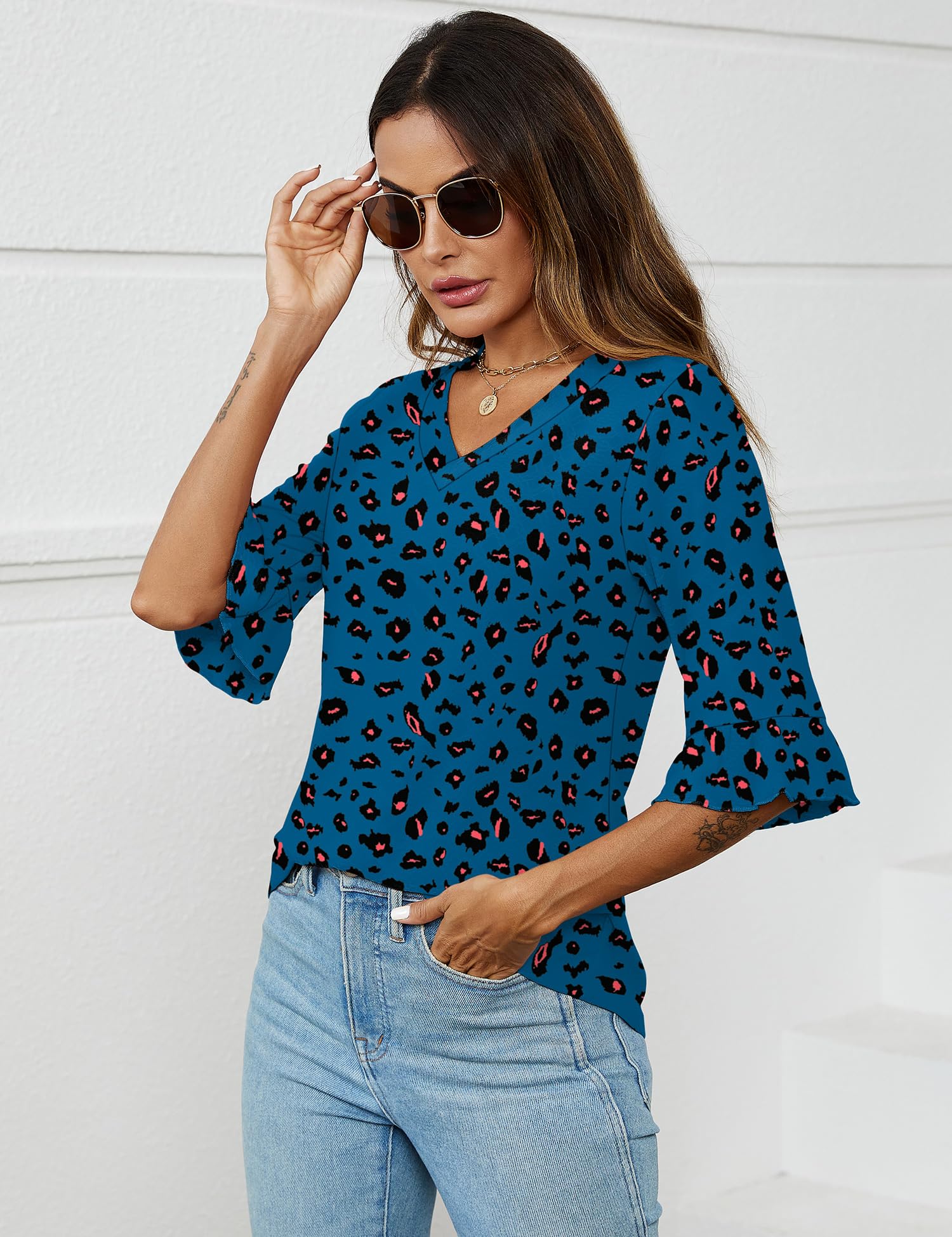 Foto 5 pulgar | Blusa Tipo Túnica Lomon Con Cuello En V Y Manga 3/4 Para Mujer, Diseño De Leopardo - Venta Internacional.