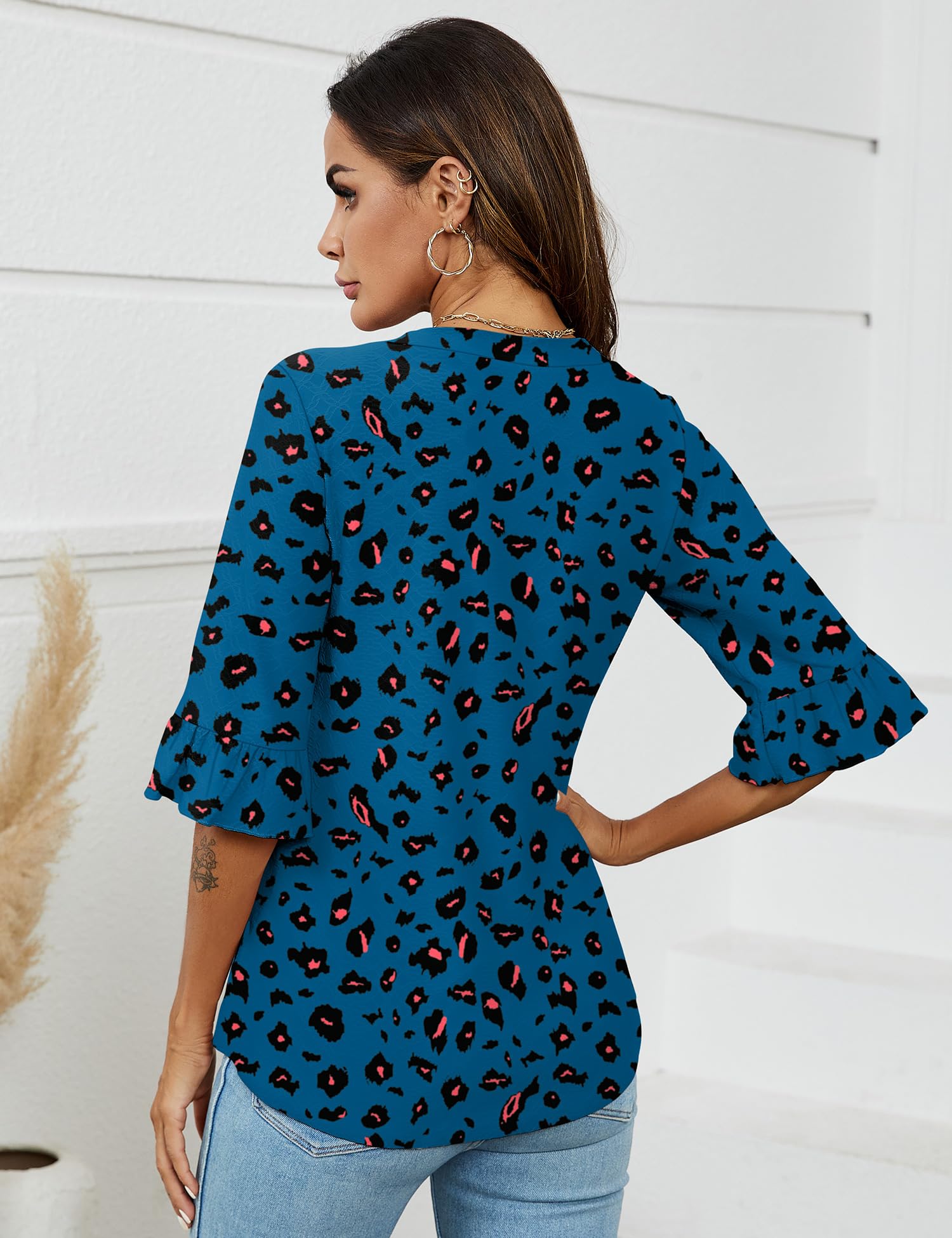 Foto 6 pulgar | Blusa Tipo Túnica Lomon Con Cuello En V Y Manga 3/4 Para Mujer, Diseño De Leopardo - Venta Internacional.