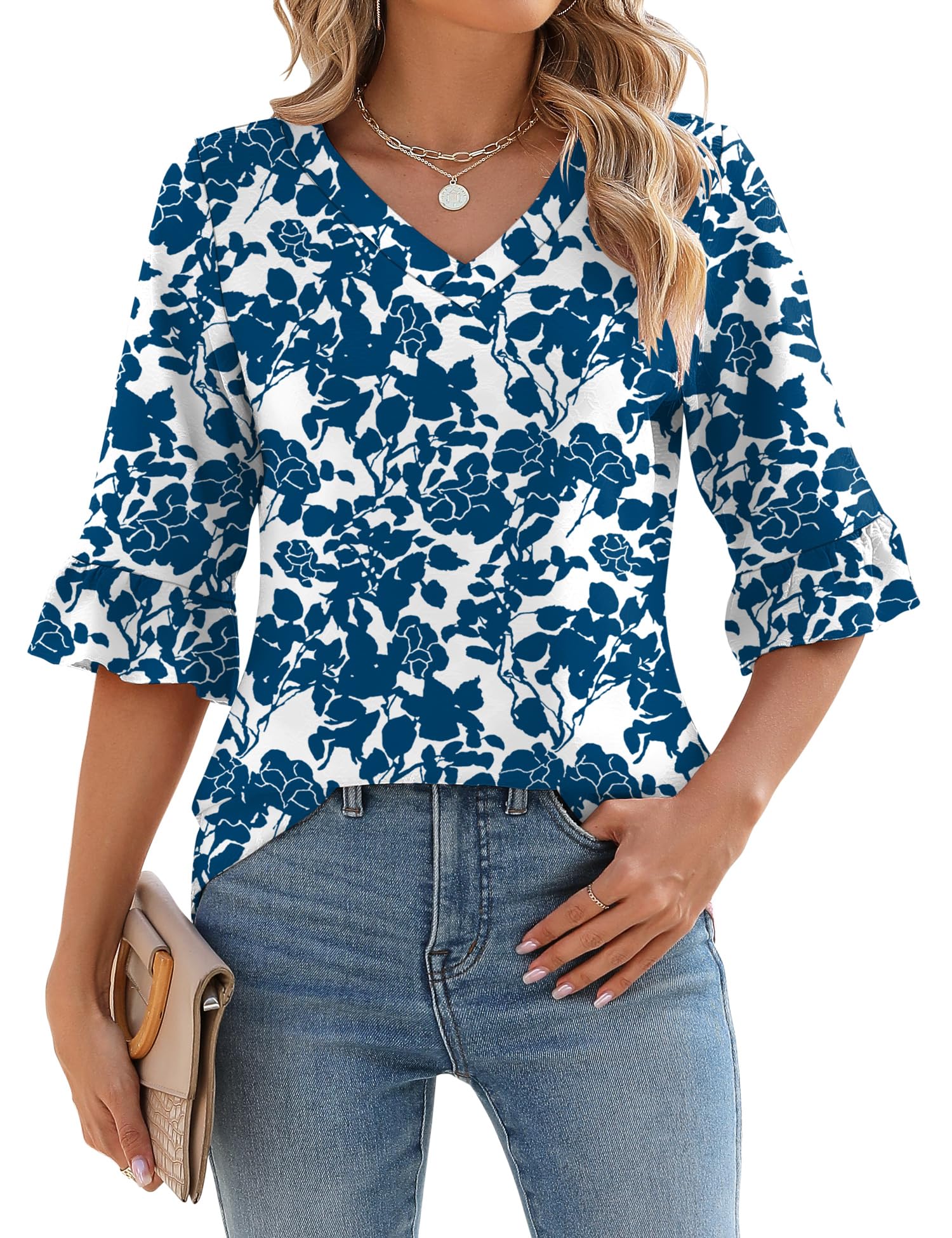 Foto 2 pulgar | Blusa Tipo Túnica Lomon Para Mujer, Manga 3/4, Cuello En V, Azul Y Blanco S - Venta Internacional.
