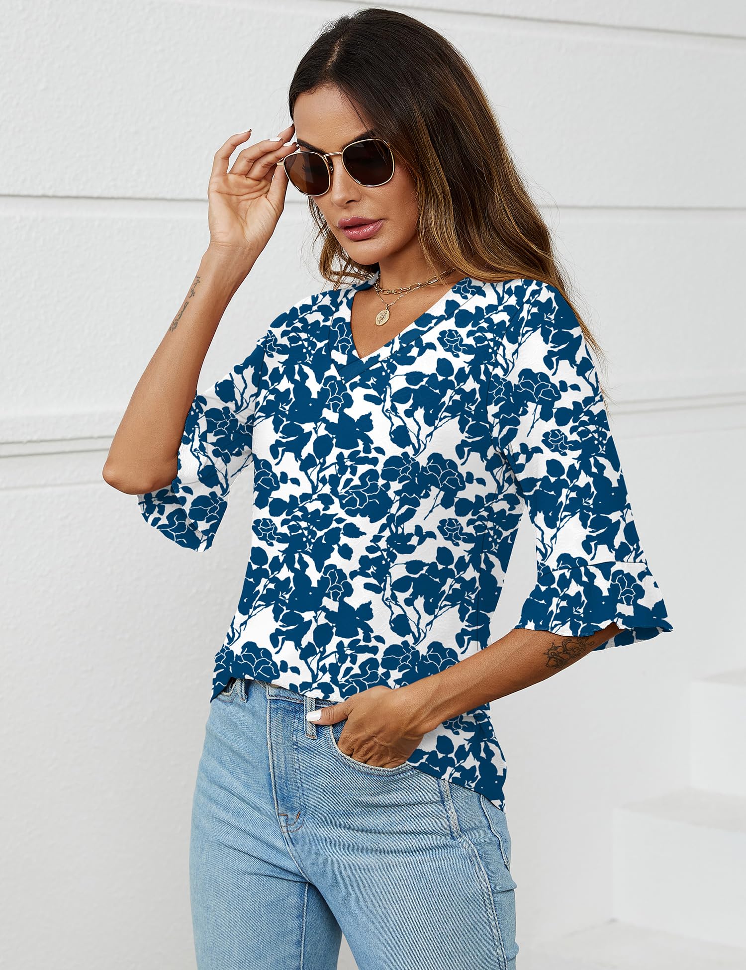 Foto 5 pulgar | Blusa Tipo Túnica Lomon Para Mujer, Manga 3/4, Cuello En V, Azul Y Blanco S - Venta Internacional.